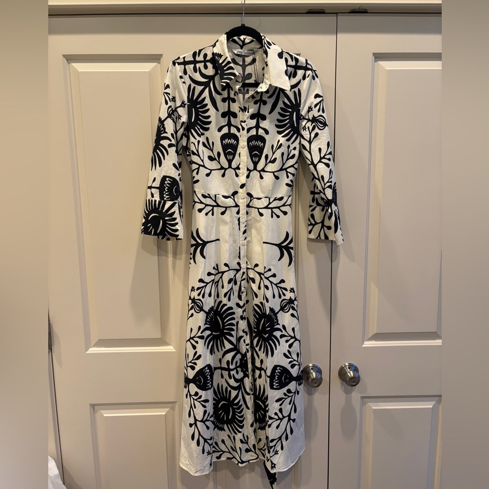 Zara Black and White Floral Long Sleeve Dress